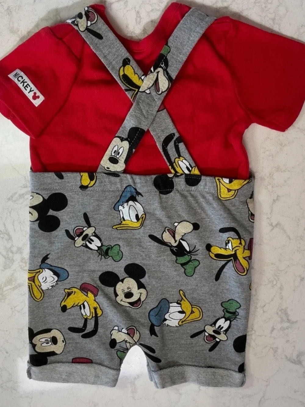 Disney Mickey 3 Piece Romper Red Tee 3-6 Mo Baby Gray Multi Booties Shoes Outfit
